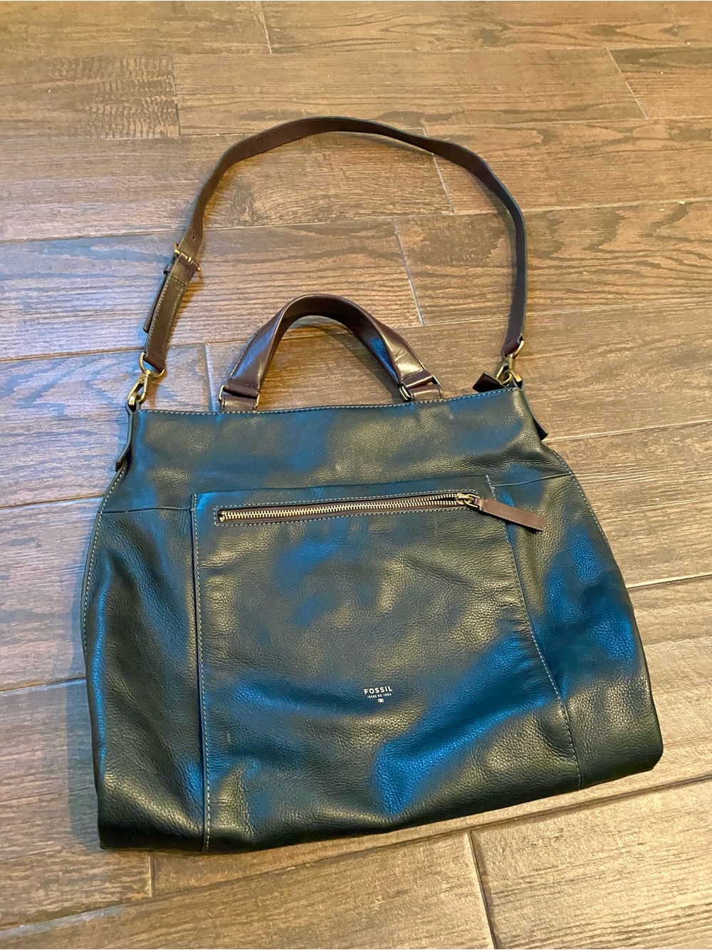 Fossil Vickey Black Leather Messenger Tote with Brown Accents